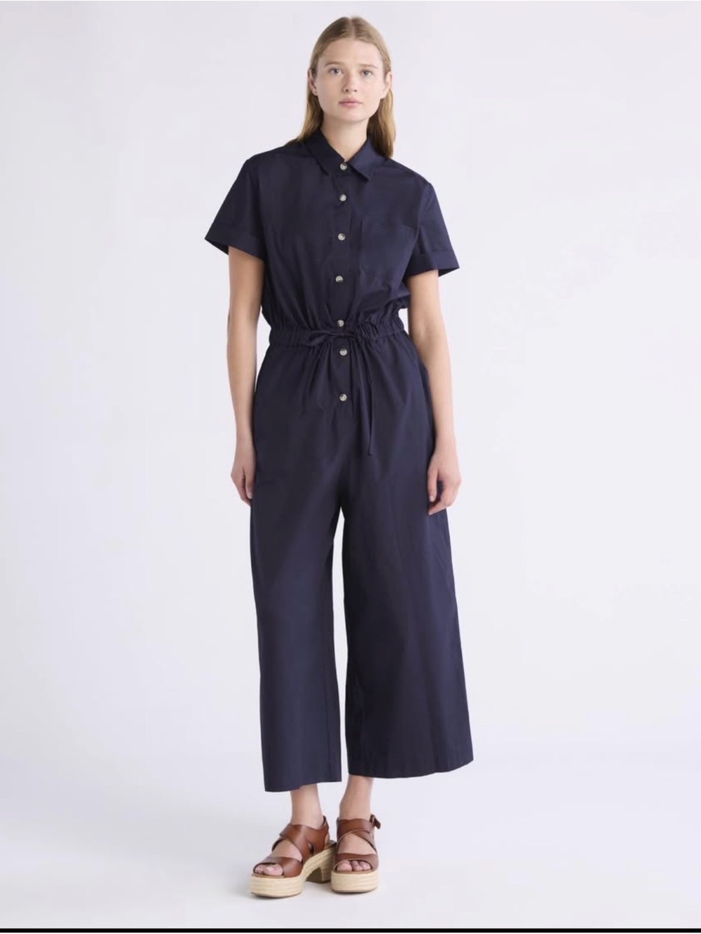 Short-Sleeve Navy Button-Front Jumpsuit with Drawstring Waist